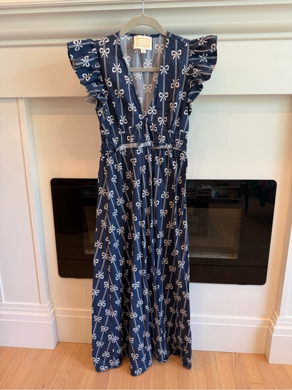 Sail to Sable Navy Maxi Dress with White Bow Print and Ruffle Sleeves